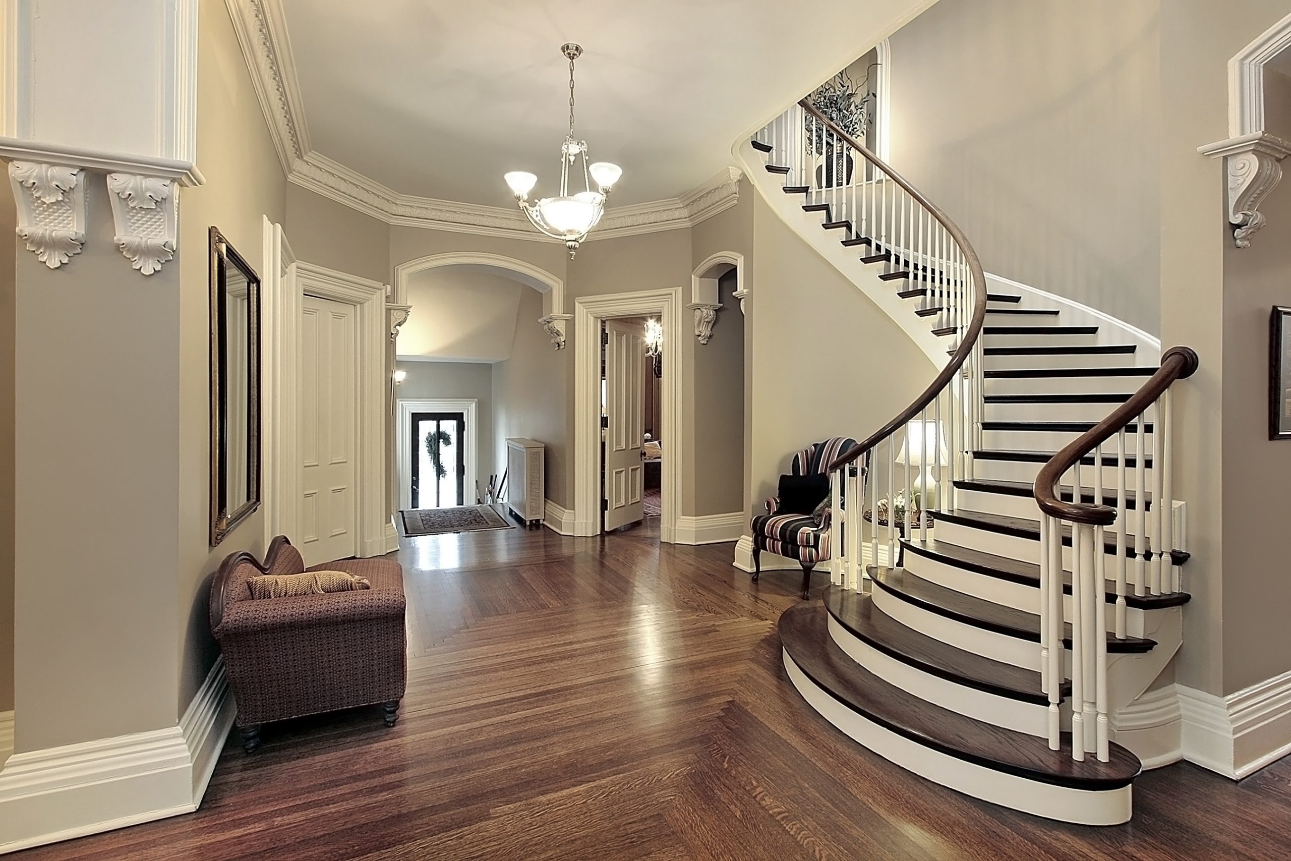 Foyer in traditional suburban home with curved staircase